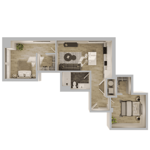 Floor plan for 2 beds, 1 bath, 748 sqft